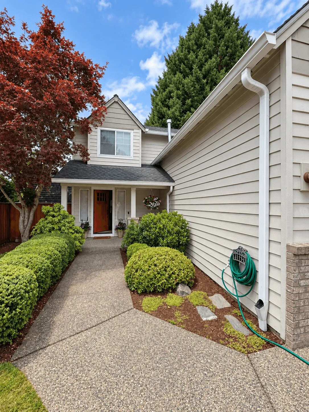 Lap siding and new downspout along the walkway to the front entry