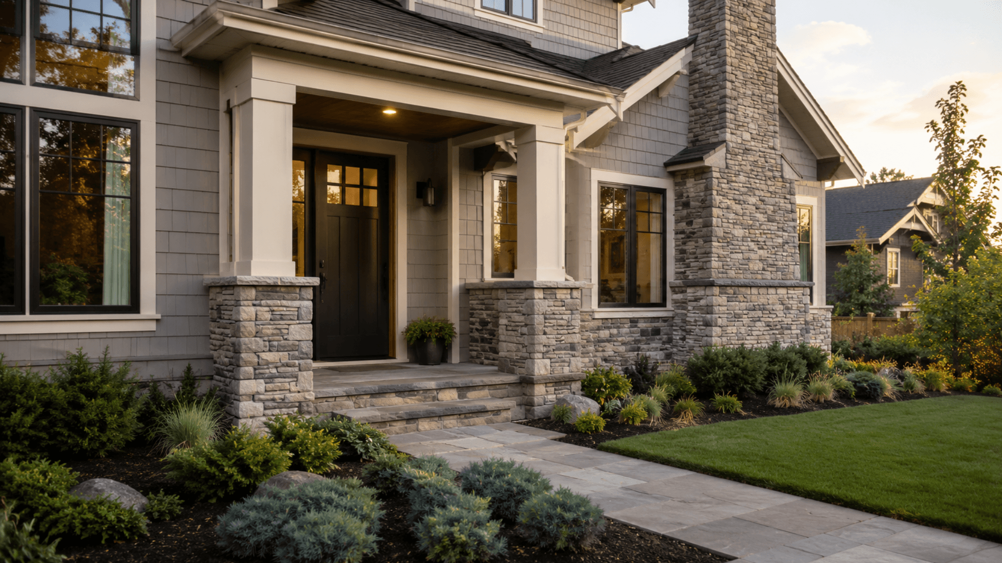 Exterior stone veneer accent on a home