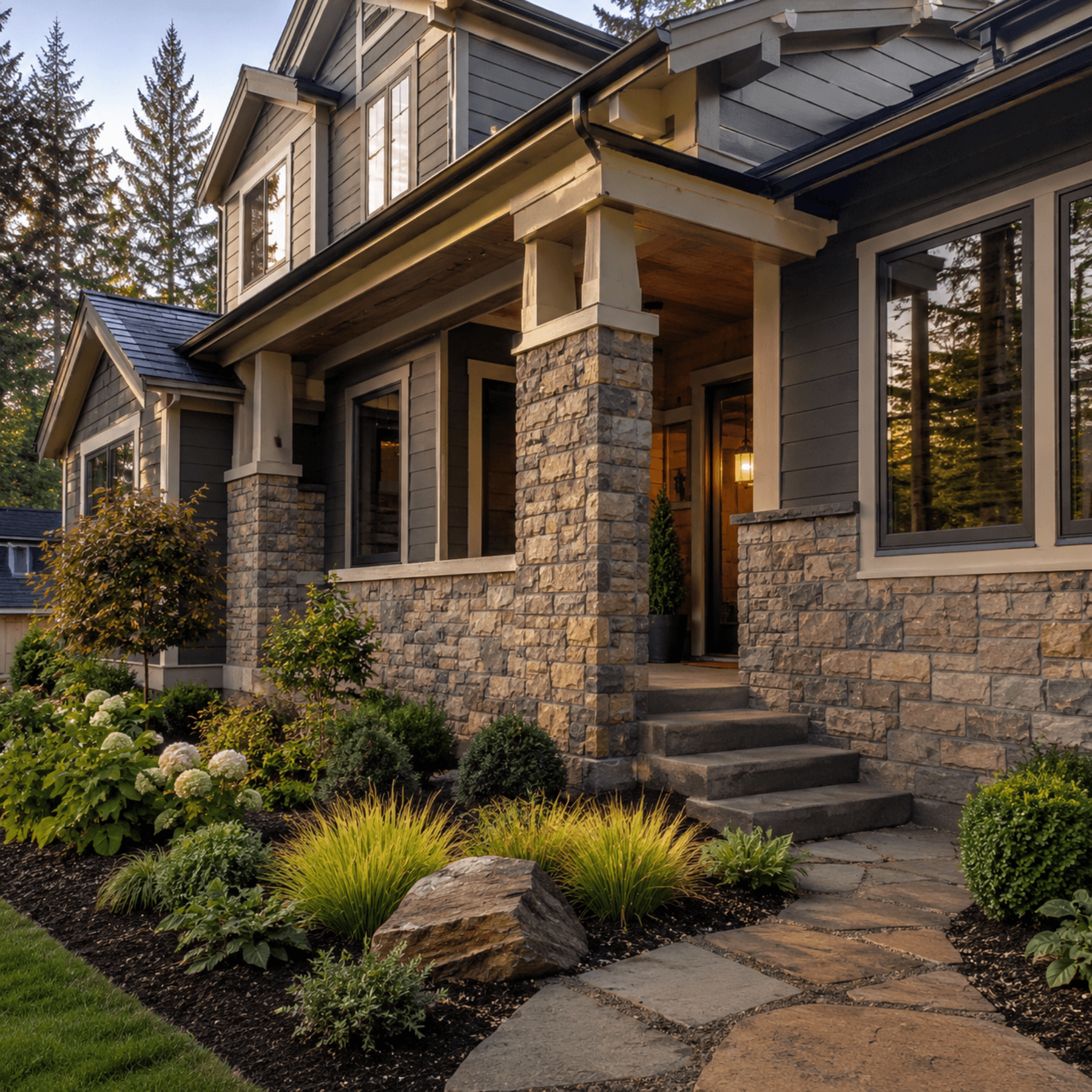 Stone veneer entry detail on a Portland home
