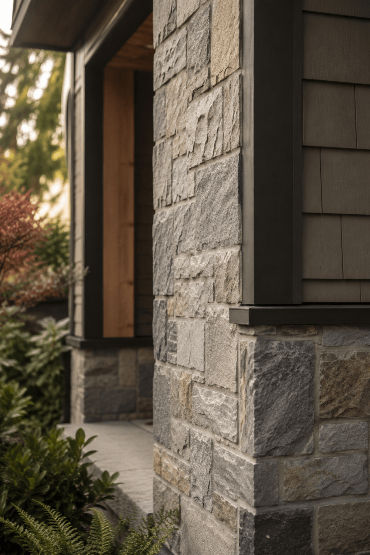 Exterior stone veneer column on a Portland home