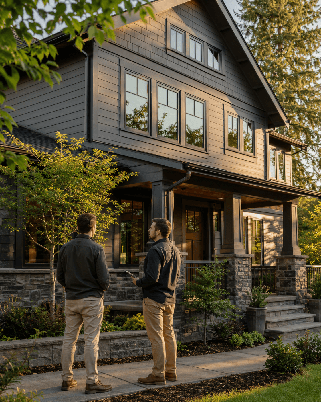 Residential siding, windows, stone, and decks on a Portland exterior